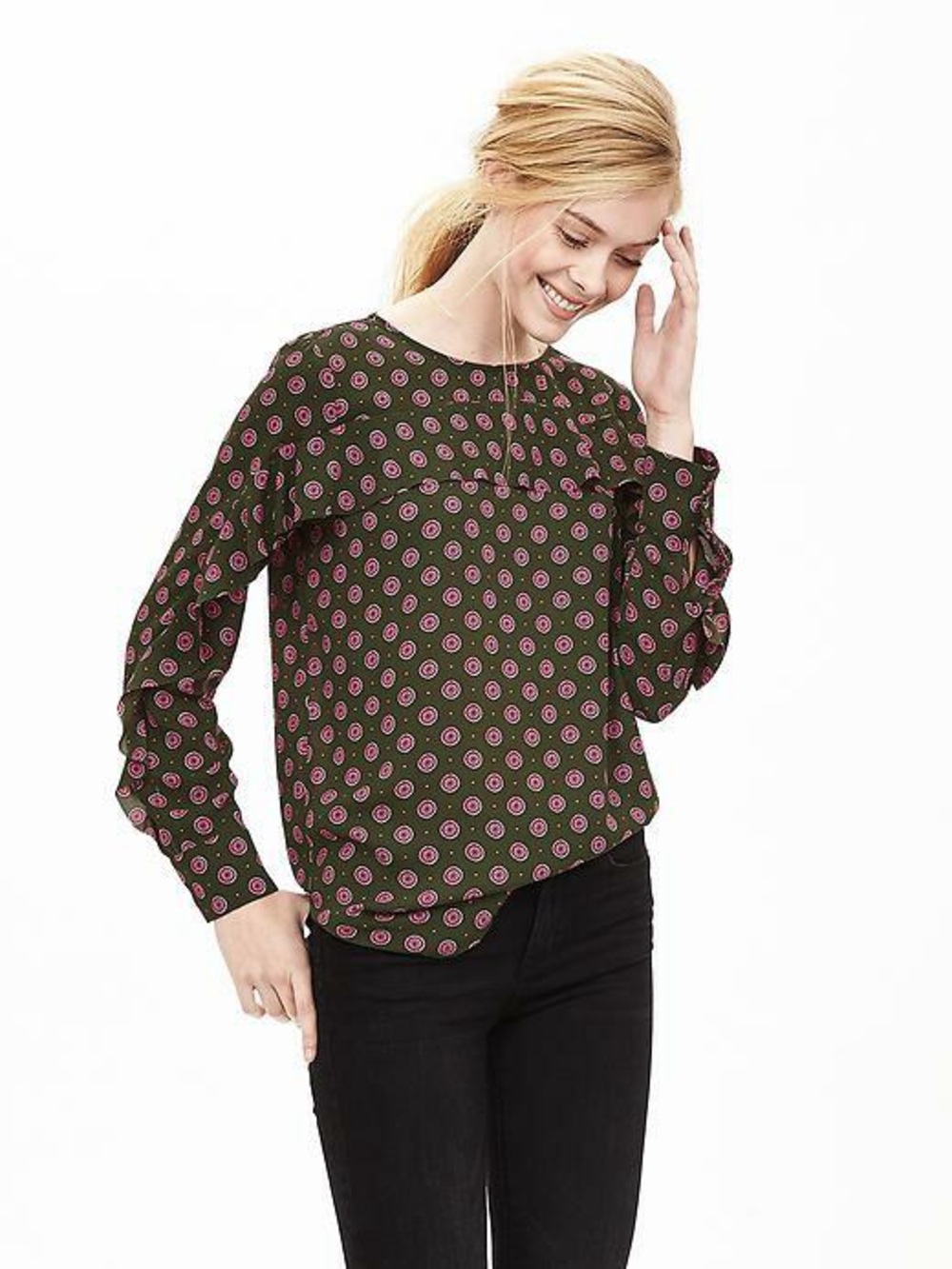 Banana Republic Olive Green Pink Printed Ruffle Front‎ Blouse XS NWT